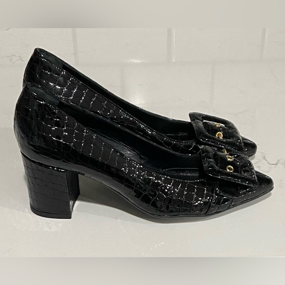 AGL Black Crocodile Print Leather Block Heel Buckle Pumps Women’s Size 35 New - Picture 5 of 15